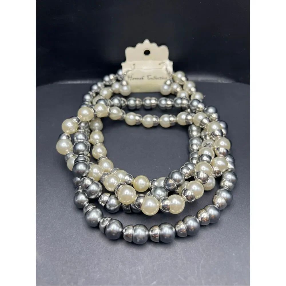 Hannah Collection White Gray Faux Pearl Silver Tone Cap Necklace and Earring Set